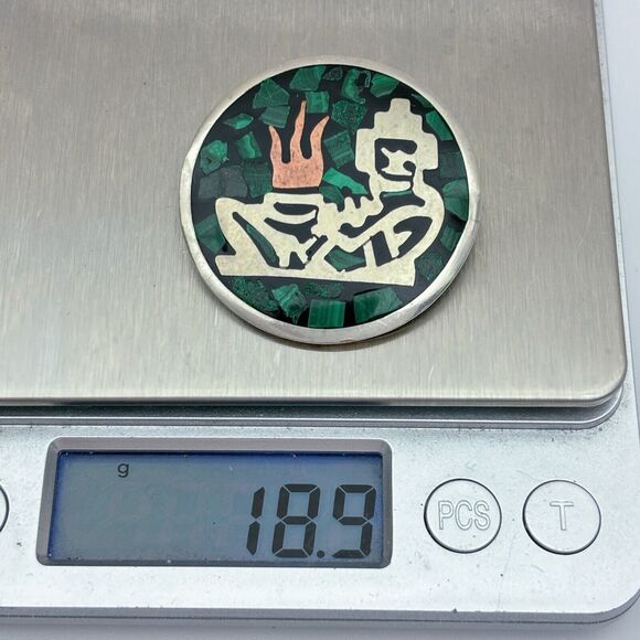 Malachite Inlay Chacmool Brooch Pendant | Mexican Mayan Incan | Sterling Silver - Picture 7 of 8